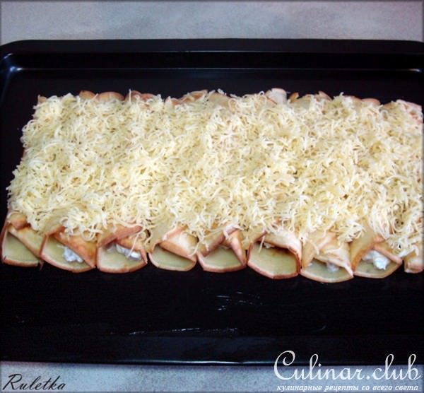 Блинчики с ветчиной и сырной корочкой.