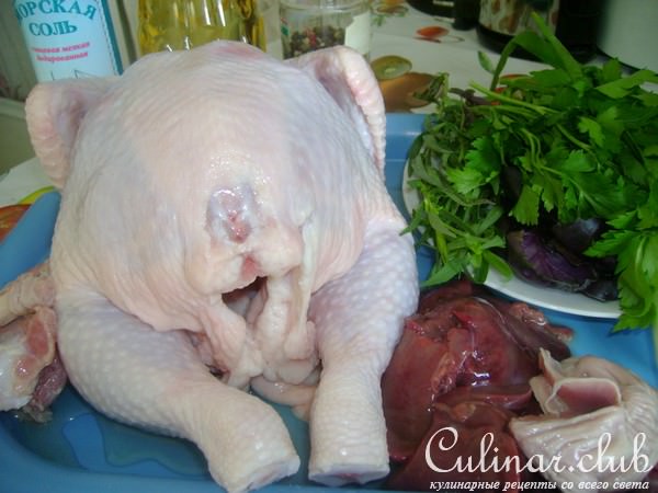 КУРИЦА ЖАРЕНАЯ С ФАРШЕМ ИЗ ПЕЧЕНИ И ЖЕЛУДКА