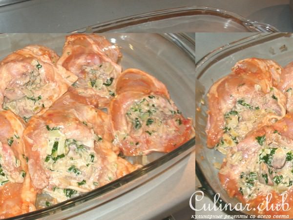 Куриные окорочка,фаршированные печенкой, луком и зеленью
