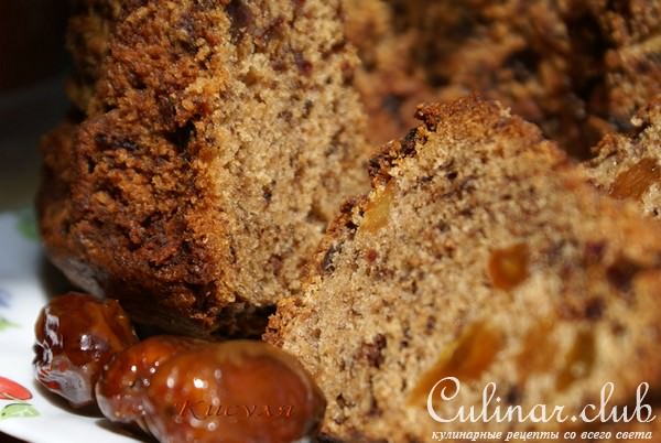 Кекс с бананом, шоколадом, изюмом и финиками