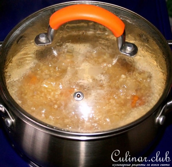 Суп с мясным фаршем и обжаренным пшеном