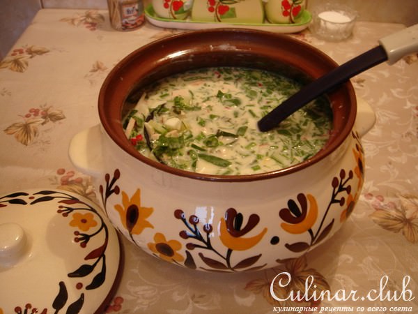Окрошка на кефире с курицей и шпинатом