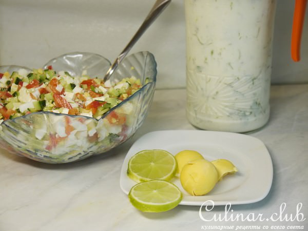 Овощная окрошка с брынзой и яйцами на простокваше