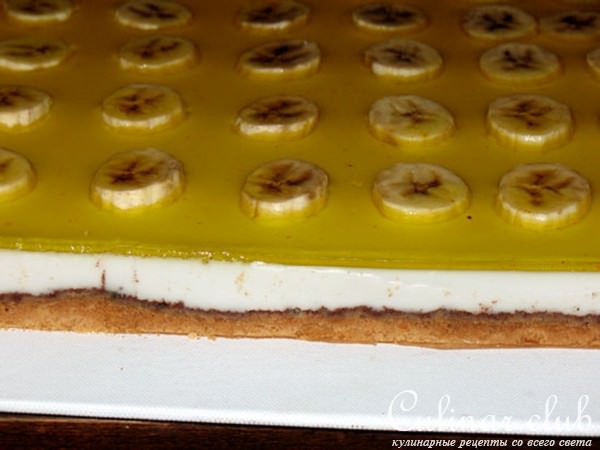 Шоколадный (печёный) чизкейк с кокосовым покрытием и бананами под шафрановым желе